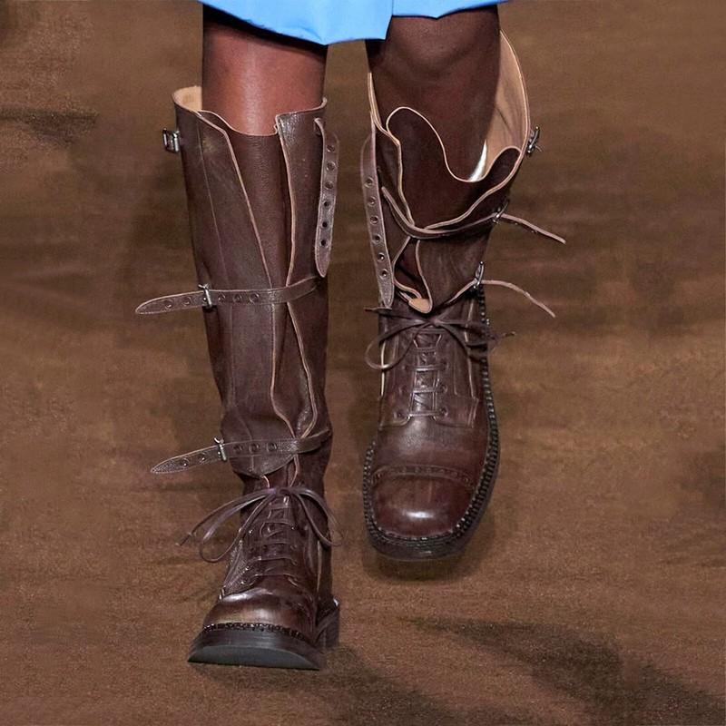 Retro Style Womens Knee High Boots Knight Lace Up Western Buckle Motorcycle Size