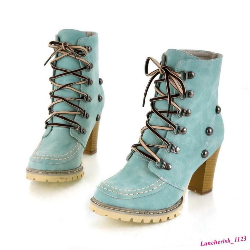 Rivet Women's Ankle Boots Lace Up Rivet High Top Chunky Heels Round Toe Shoes