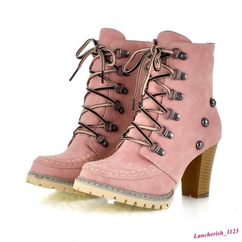 Rivet Women's Ankle Boots Lace Up Rivet High Top Chunky Heels Round Toe Shoes
