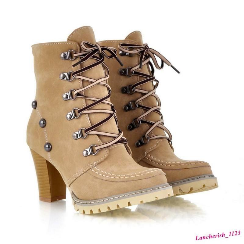 Rivet Women's Ankle Boots Lace Up Rivet High Top Chunky Heels Round Toe Shoes
