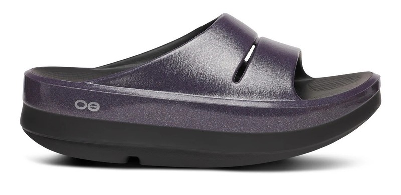 SALE OOFOS Women's OOmega OOahh Stacked Sandal Black & Amethyst Sparkle US Size