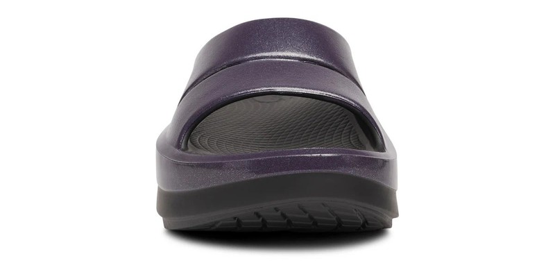 SALE OOFOS Women's OOmega OOahh Stacked Sandal Black & Amethyst Sparkle US Size