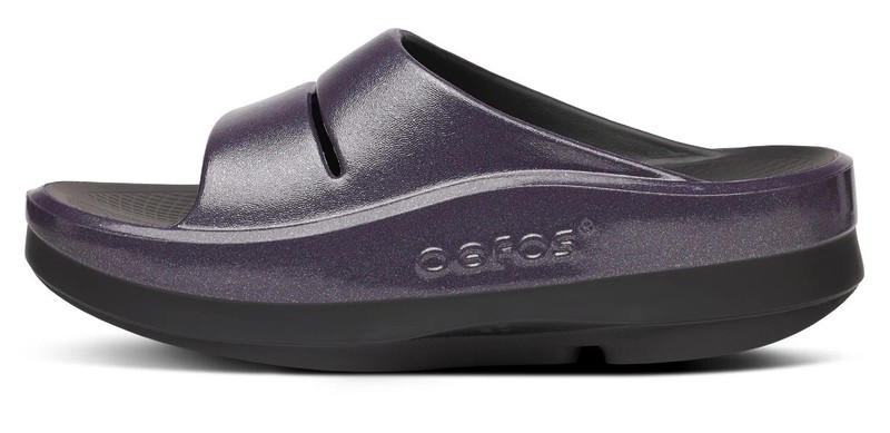SALE OOFOS Women's OOmega OOahh Stacked Sandal Black & Amethyst Sparkle US Size