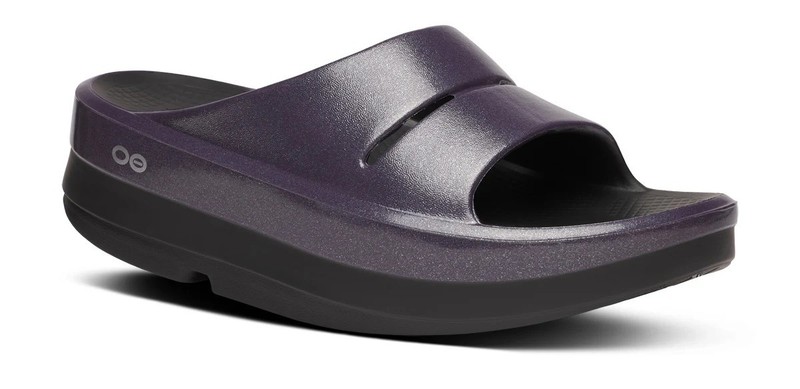 SALE OOFOS Women's OOmega OOahh Stacked Sandal Black & Amethyst Sparkle US Size