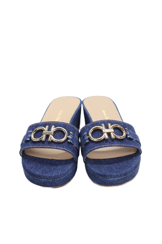 Salvatore Ferragamo Womens Denim Slide On Philein Sandals Blue Size 7.5 D