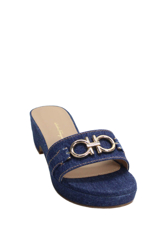 Salvatore Ferragamo Womens Denim Slide On Philein Sandals Blue Size 7.5 D