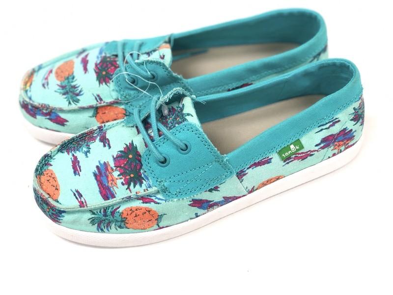 Sanuk KIDS Sailaway Mate TURQUOISE PINEAPPLES Canvas LaceUp Boat Shoes YOUTH SZ