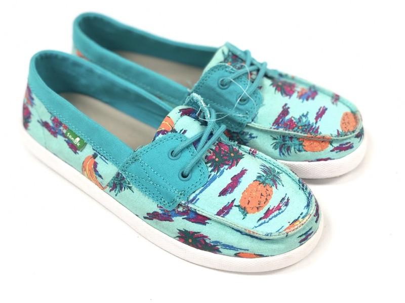 Sanuk KIDS Sailaway Mate TURQUOISE PINEAPPLES Canvas LaceUp Boat Shoes YOUTH SZ