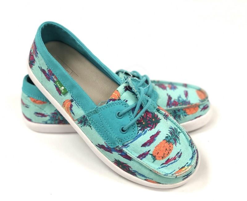 Sanuk KIDS Sailaway Mate TURQUOISE PINEAPPLES Canvas LaceUp Boat Shoes YOUTH SZ