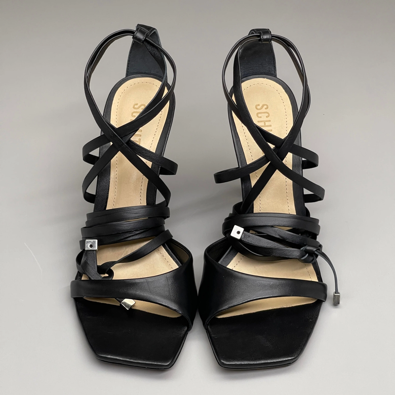 SCHUTZ Bryce Ankle Tie Women's Leather High Heel Strappy Sandal Black Sz 5.5B (N