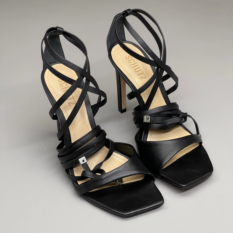 SCHUTZ Bryce Ankle Tie Women's Leather High Heel Strappy Sandal Black Sz 5.5B (N