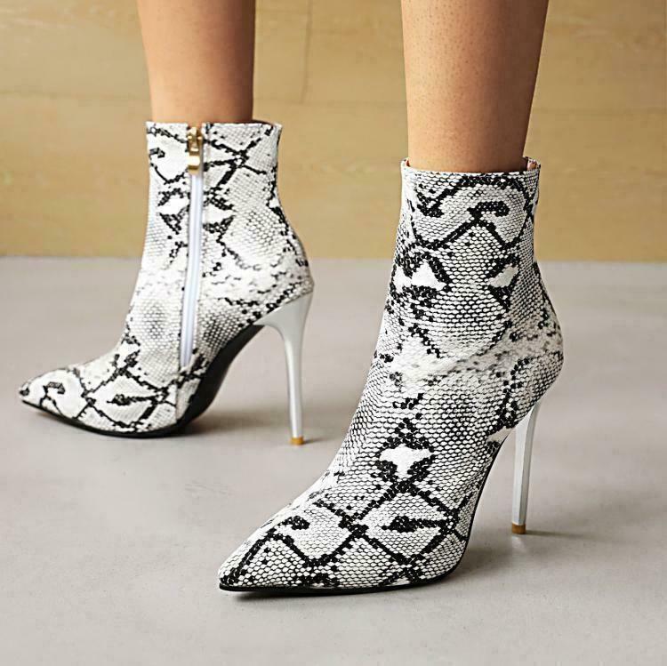 Sexy Women's Zip Snakeskin Pattern Ankle Boots Pointed Toe High Heels Club Shoes