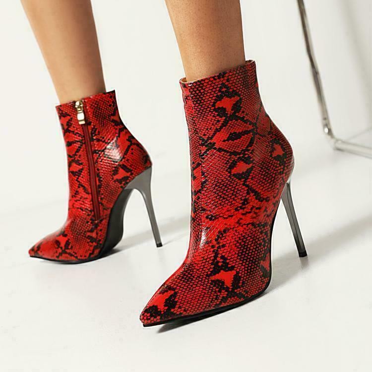 Sexy Women's Zip Snakeskin Pattern Ankle Boots Pointed Toe High Heels Club Shoes