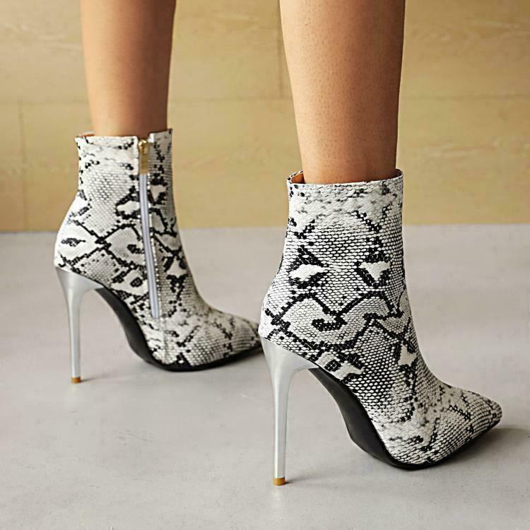 Sexy Women's Zip Snakeskin Pattern Ankle Boots Pointed Toe High Heels Club Shoes