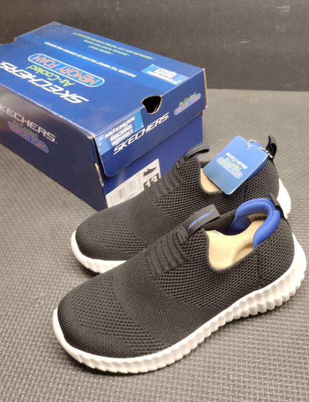 Skechers Air-Cooled Memory Foam Kid Boy's BLACK Sneakers Elite Flex Wasik Sz 13