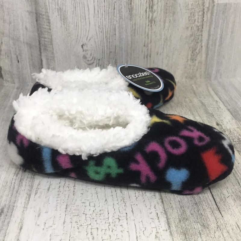SNOOZIES Girls Size 11-12 Fuzzy Slippers Black/Pink Rock & Roll Sherpa Lined NEW