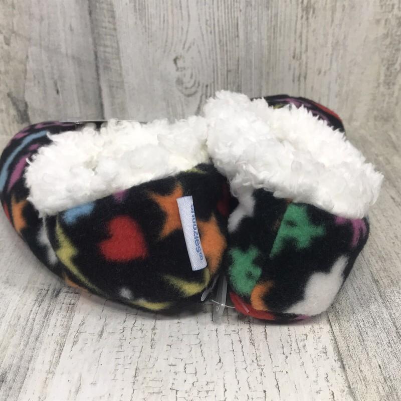 SNOOZIES Girls Size 11-12 Fuzzy Slippers Black/Pink Rock & Roll Sherpa Lined NEW
