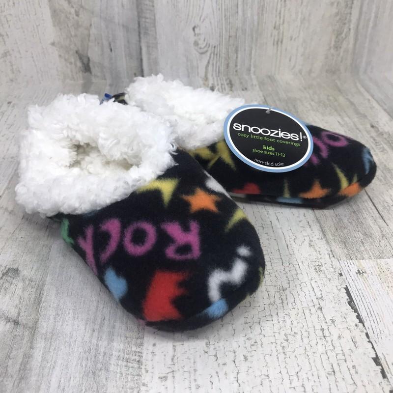 SNOOZIES Girls Size 11-12 Fuzzy Slippers Black/Pink Rock & Roll Sherpa Lined NEW