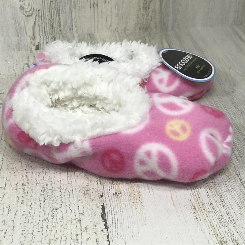 SNOOZIES Girls Size 11-12 Fuzzy Slippers Pink Peace Signs Faux Sherpa Lined NEW
