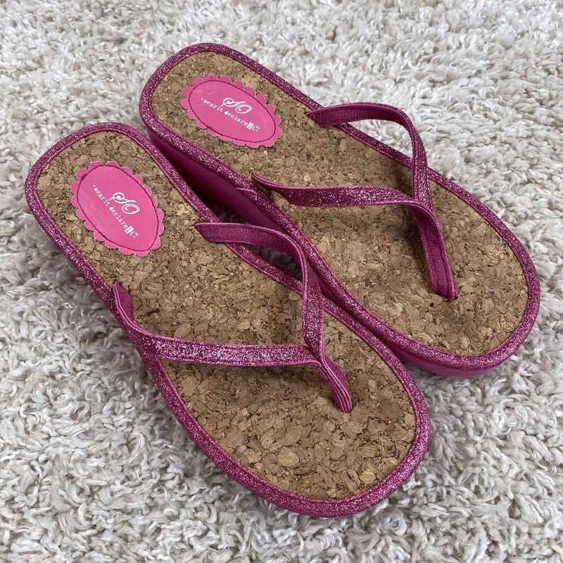 SO Youth Girls Size Small (5-6) Platform Sandals Thong Style Pink Glitter Cork