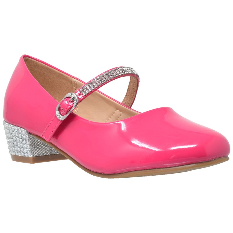 SOBEYO Kids Dress Shoes Rhinestone Ankle Strap Mary Jane Pumps Fuchsia
