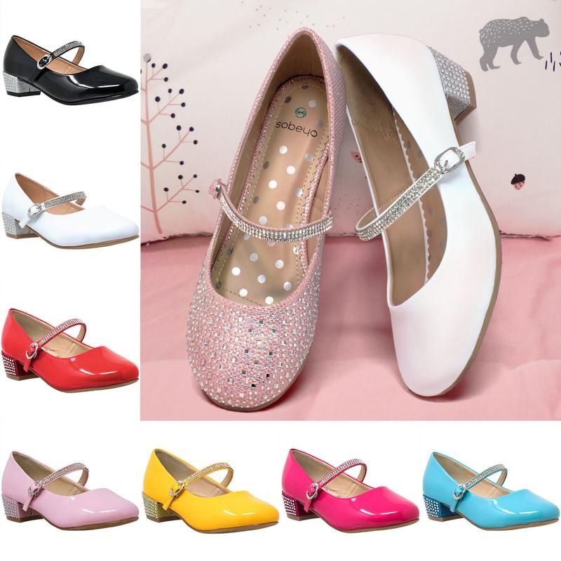 SOBEYO Kids Dress Shoes Rhinestone Ankle Strap Mary Jane Pumps Fuchsia