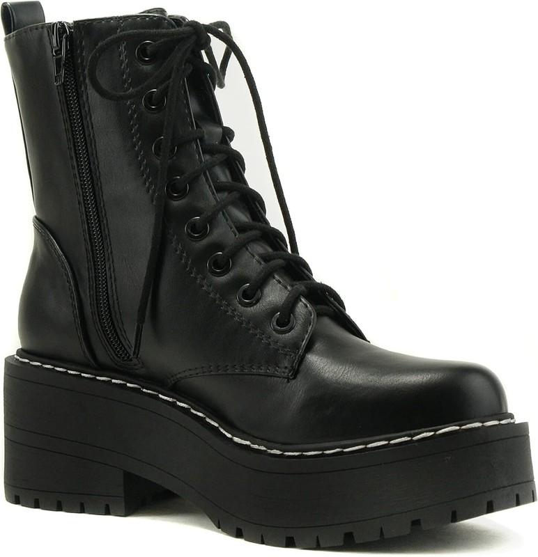Soda FLING Women Chunky Lug Sole Lace Up Fashion Combat Ankle Boot W/Side Zipper