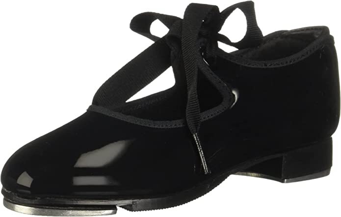 SoDanca Toddler Tap Shoes Black Patent Elastic + Ribbon Close 5 5.5 6 6.5 7