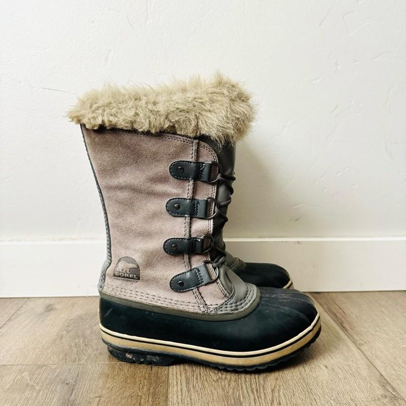 SOREL Joan Of Arctic Waterproof Suade Gray Winter Boots Drawstring Kids 5