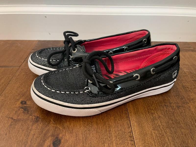 Sperry Top-Sider Biscayne 1 Eye Black Sparkle Pink Liner Boat Shoes - Girls 2M