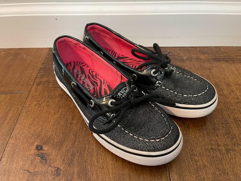 Sperry Top-Sider Biscayne 1 Eye Black Sparkle Pink Liner Boat Shoes - Girls 2M