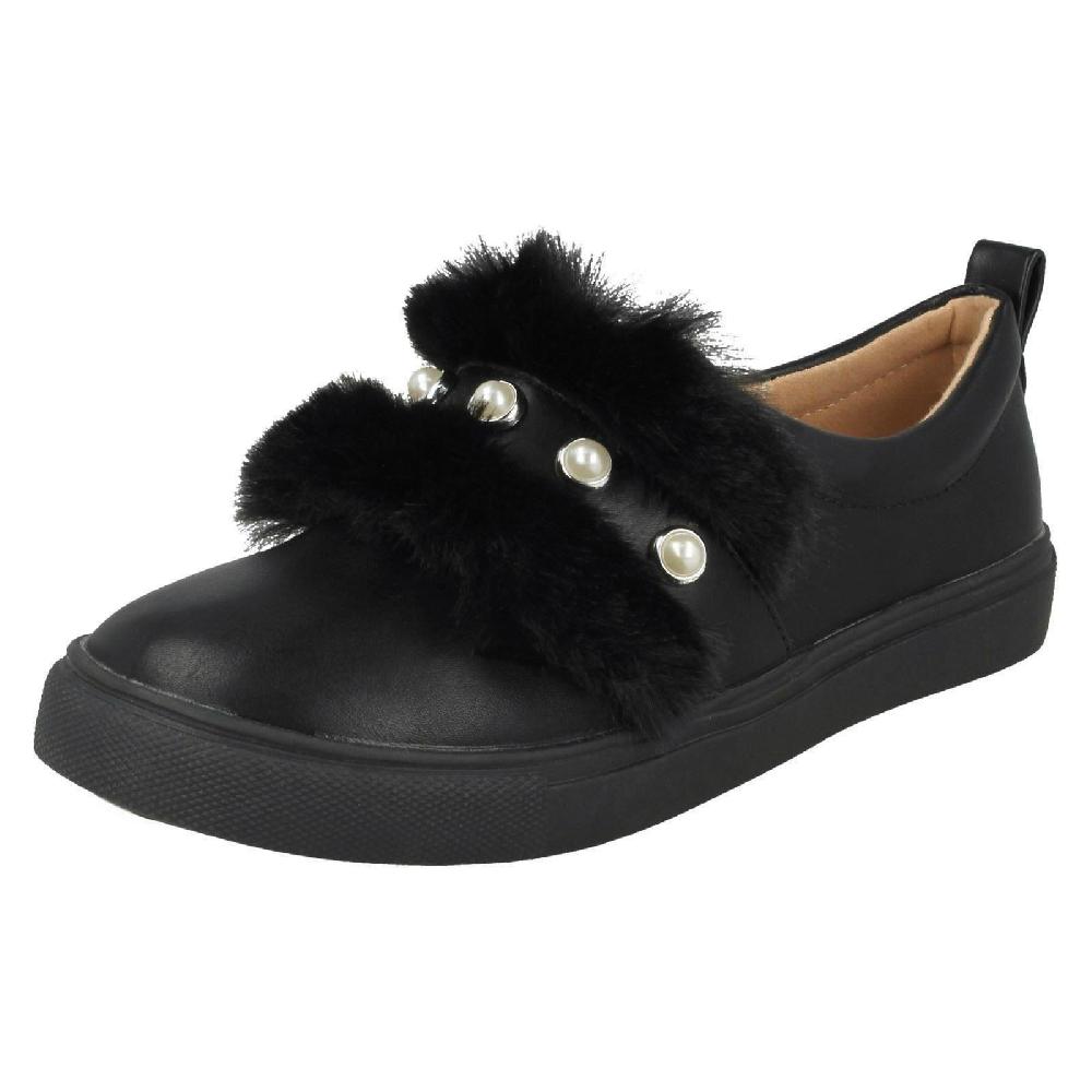 Spot On Girls Fake Pearl Fur Edge Strap Shoes