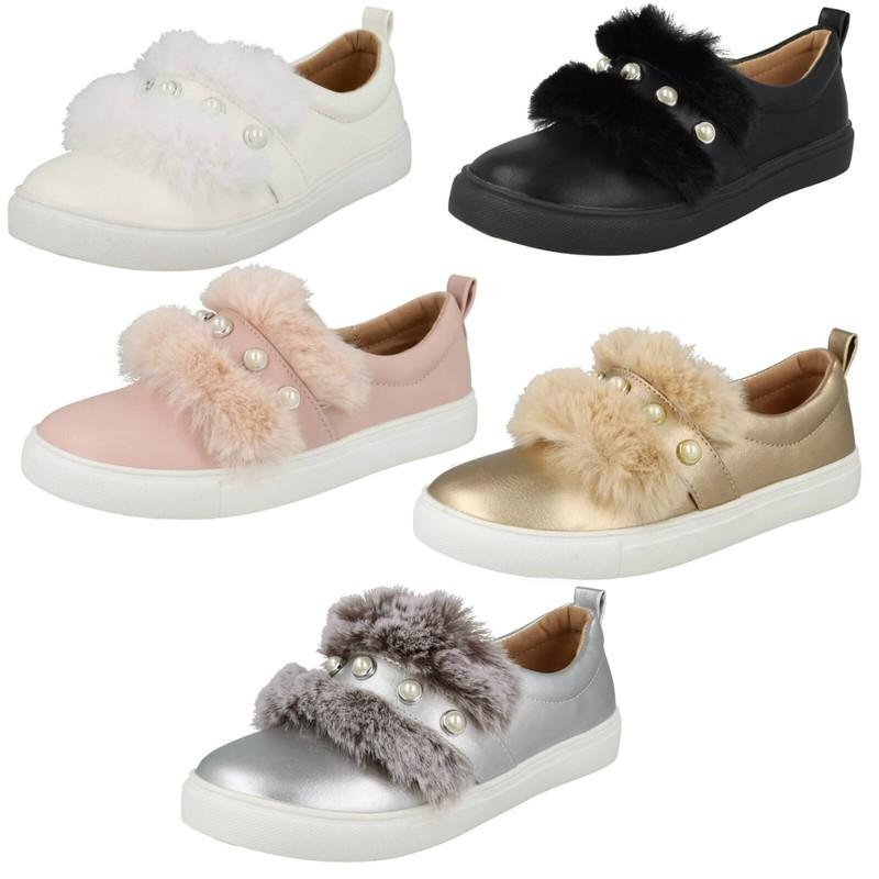 Spot On Girls Fake Pearl Fur Edge Strap Shoes