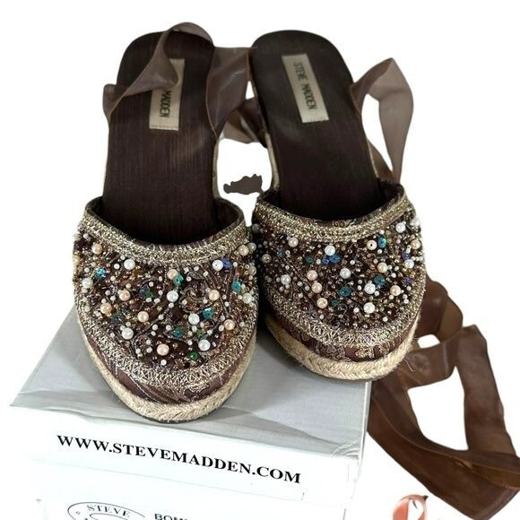 Steve Madden Women’s 9 Bommbay Brown Beaded Ribbon Tie Espadrilles Y2K Coquette