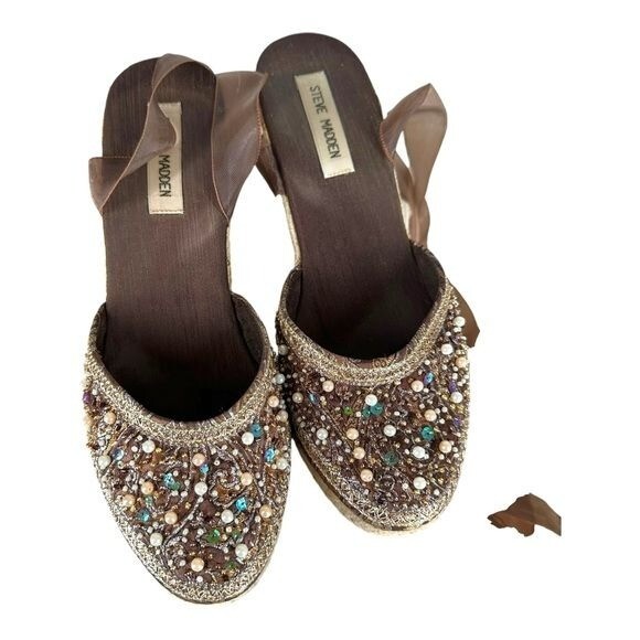 Steve Madden Women’s 9 Bommbay Brown Beaded Ribbon Tie Espadrilles Y2K Coquette
