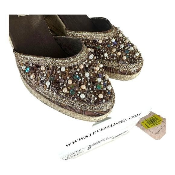 Steve Madden Women’s 9 Bommbay Brown Beaded Ribbon Tie Espadrilles Y2K Coquette