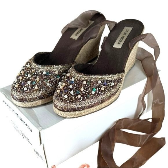 Steve Madden Women’s 9 Bommbay Brown Beaded Ribbon Tie Espadrilles Y2K Coquette