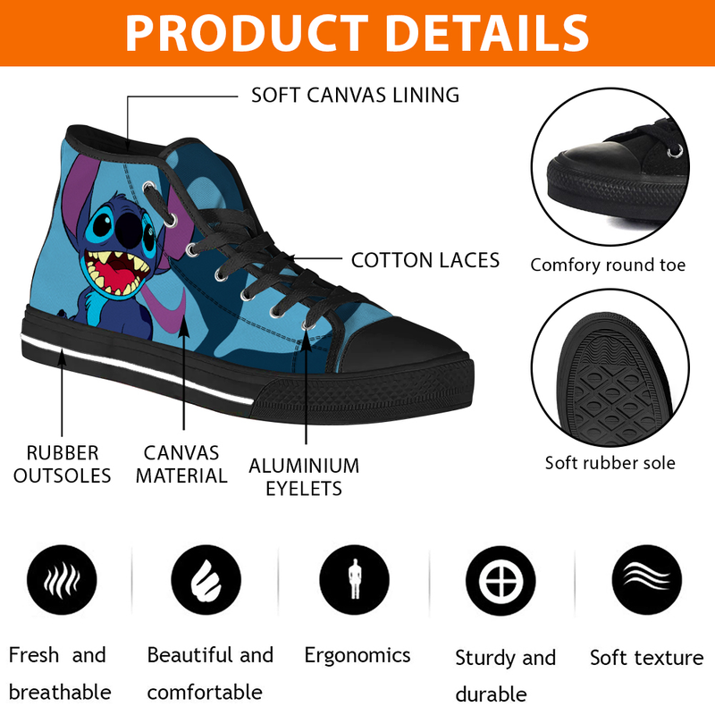 Stitch High Top Shoes Lilo & Stitch Unisex Hightop Sneaker Shoes Cartoon Shoes