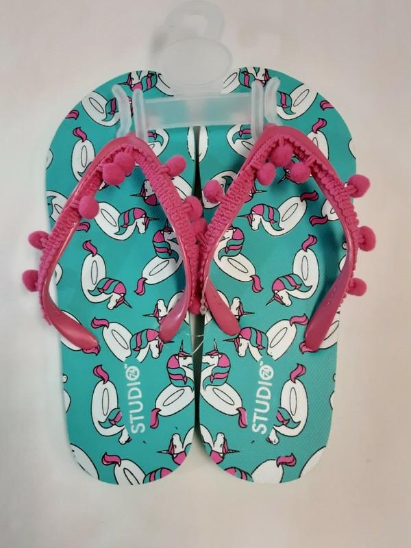 Studio 74 Girls Summer Turquoise Flip-Flops W/Pink Pom-Poms Toe Sandals BNWOT