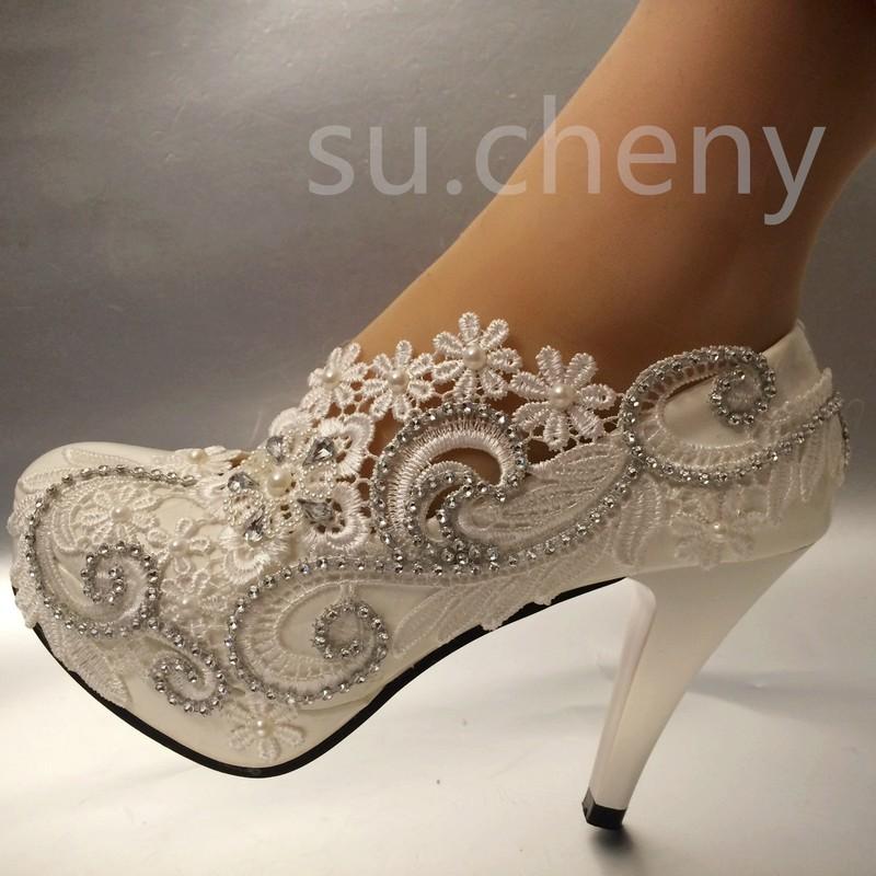 Su.cheny 2" 3" 4" White Ivory Pearl Crystal Lace Wedding Bridal Heel Pump Shoes