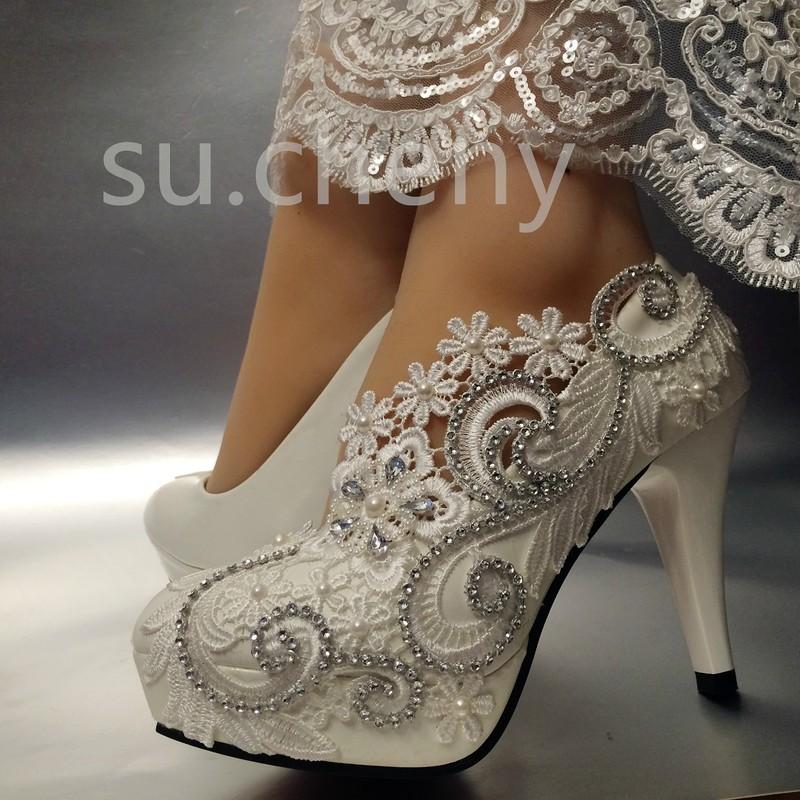 Su.cheny 2" 3" 4" White Ivory Pearl Crystal Lace Wedding Bridal Heel Pump Shoes