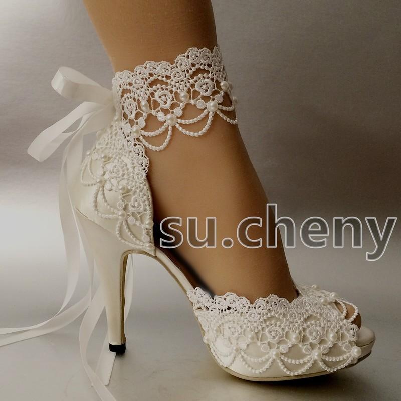 Su.cheny 3" 4” Heel White Ivory Satin Lace Ribbon Peep Toe Wedding Bridal Shoes