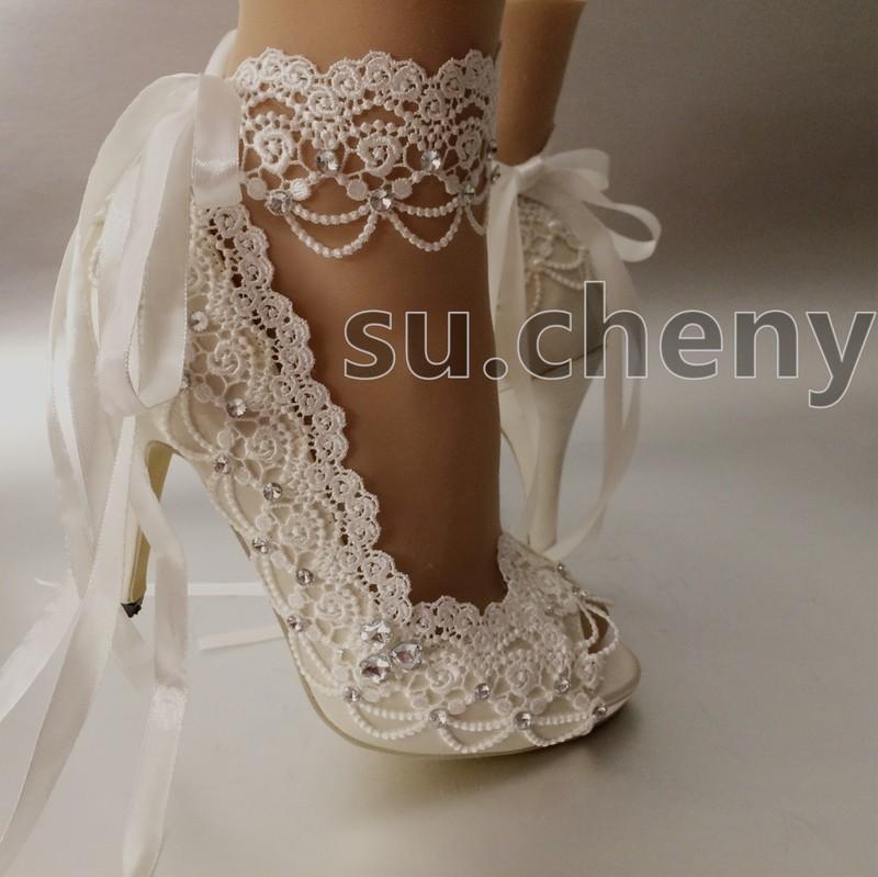 Su.cheny 3" 4” Heel White Ivory Satin Lace Ribbon Peep Toe Wedding Bridal Shoes