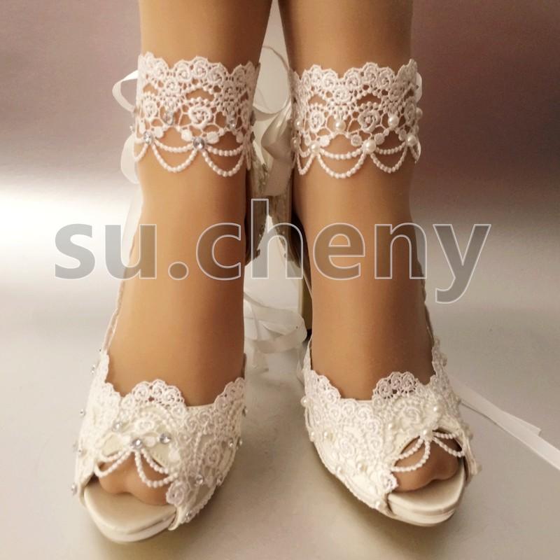 Su.cheny 3" 4” Heel White Ivory Satin Lace Ribbon Peep Toe Wedding Bridal Shoes