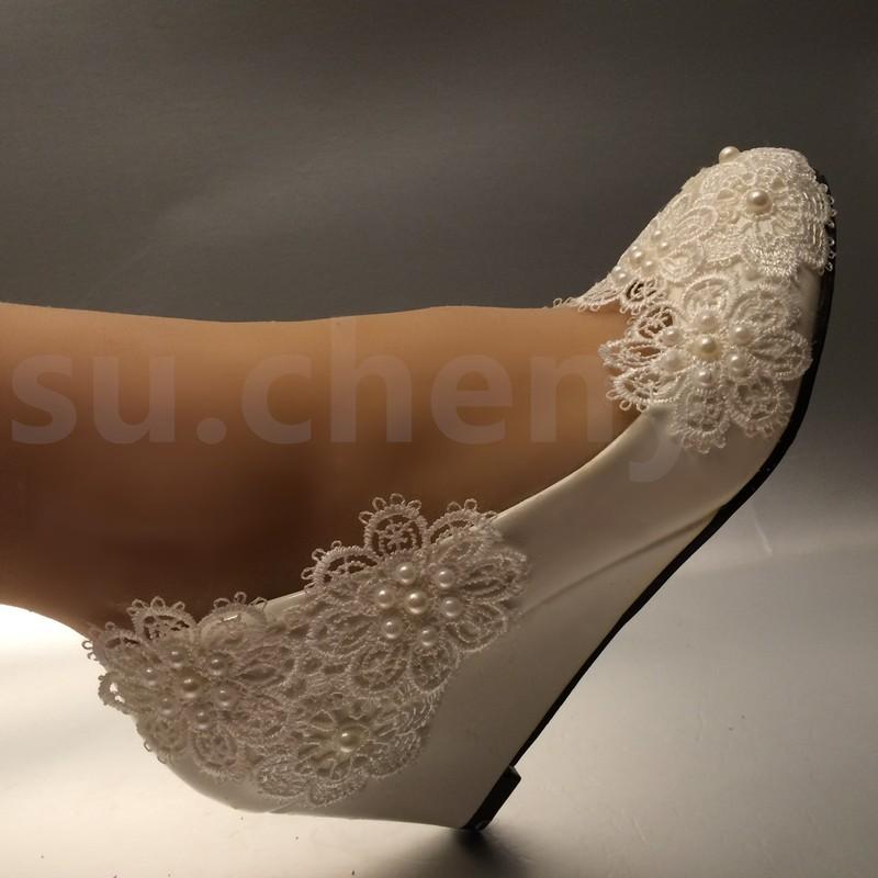 Su.cheny White Ivory Pearls Lace Snowflakes WEDGE Wedding Bridal Shoes Size 5-11