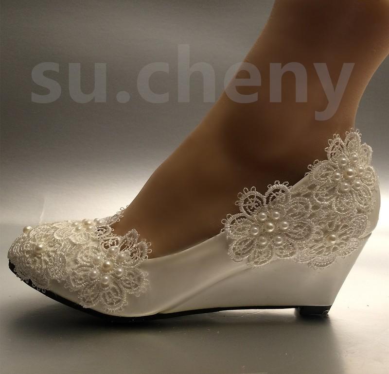 Su.cheny White Ivory Pearls Lace Snowflakes WEDGE Wedding Bridal Shoes Size 5-11