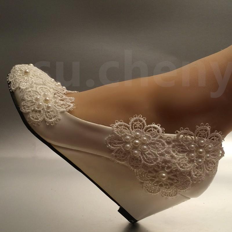 Su.cheny White Ivory Pearls Lace Snowflakes WEDGE Wedding Bridal Shoes Size 5-11