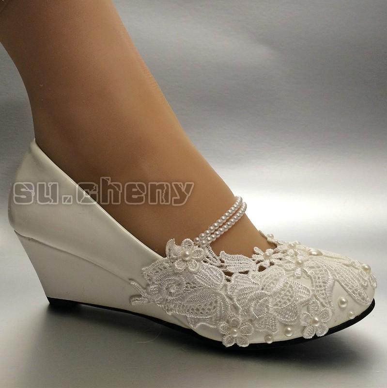 Su.cheny White Light Ivory Lace Wedding Shoes Flat Heel Wedges Bridal Size 5-13