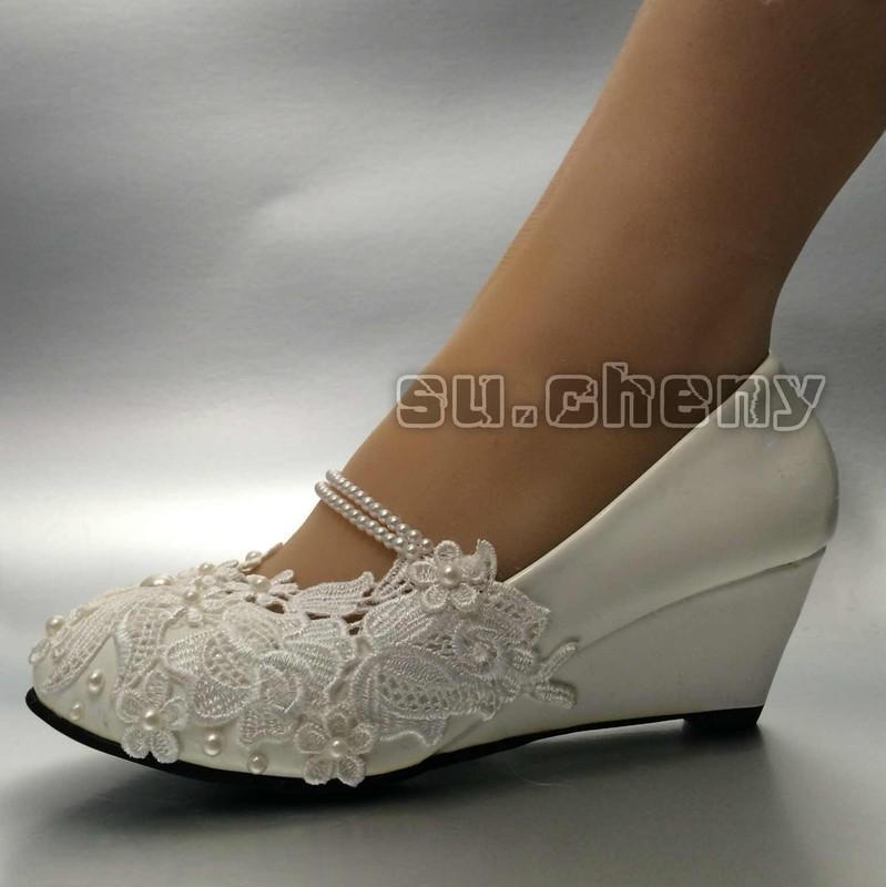Su.cheny White Light Ivory Lace Wedding Shoes Flat Heel Wedges Bridal Size 5-13