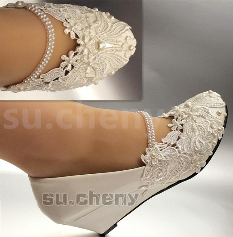 Su.cheny White Light Ivory Lace Wedding Shoes Flat Heel Wedges Bridal Size 5-13